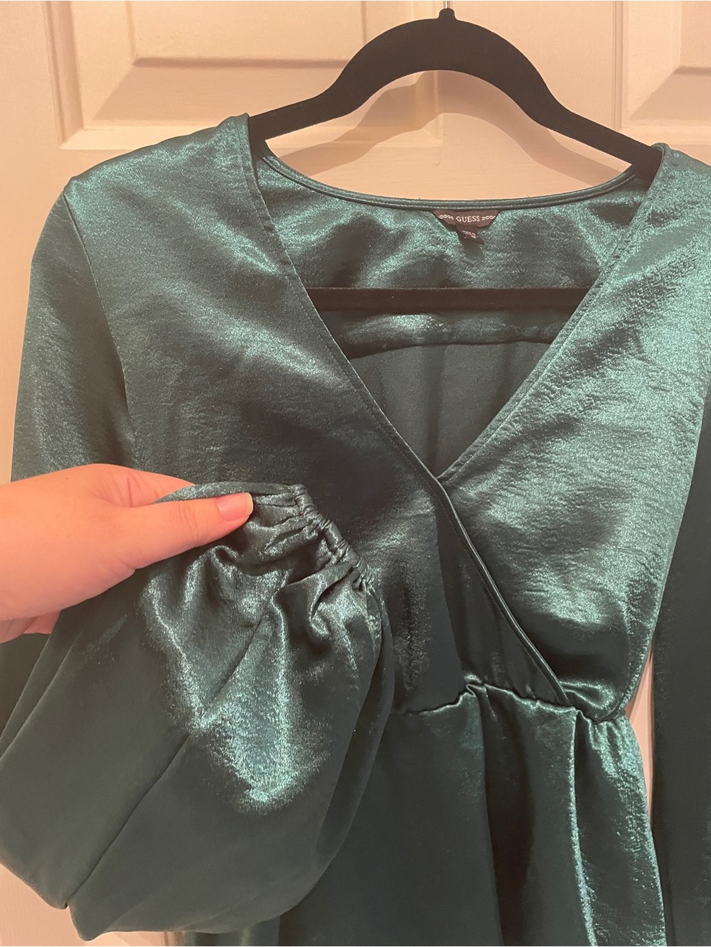 Guess Emerald Green Satin Wrap Peplum Blouse - Picture 9 of 14